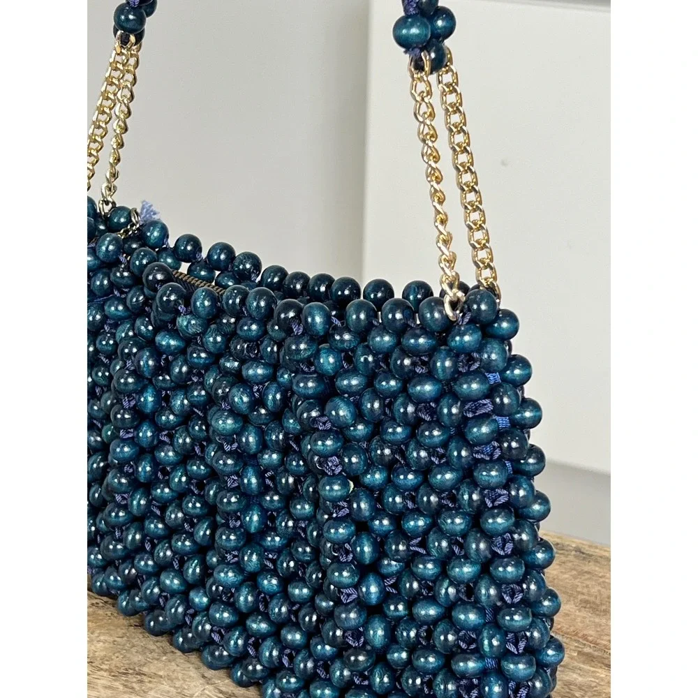 Vintage Walborg Teal Blue Wood Beaded Handbag Gold Chain Strap Made in Japan